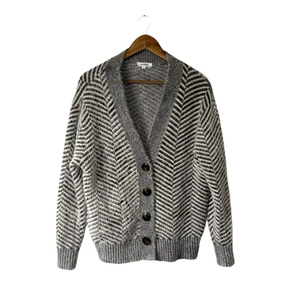 Cocobleu Eyelash Cardigan Sweater Stripes Grey Purple Brown Cozy Size Medium